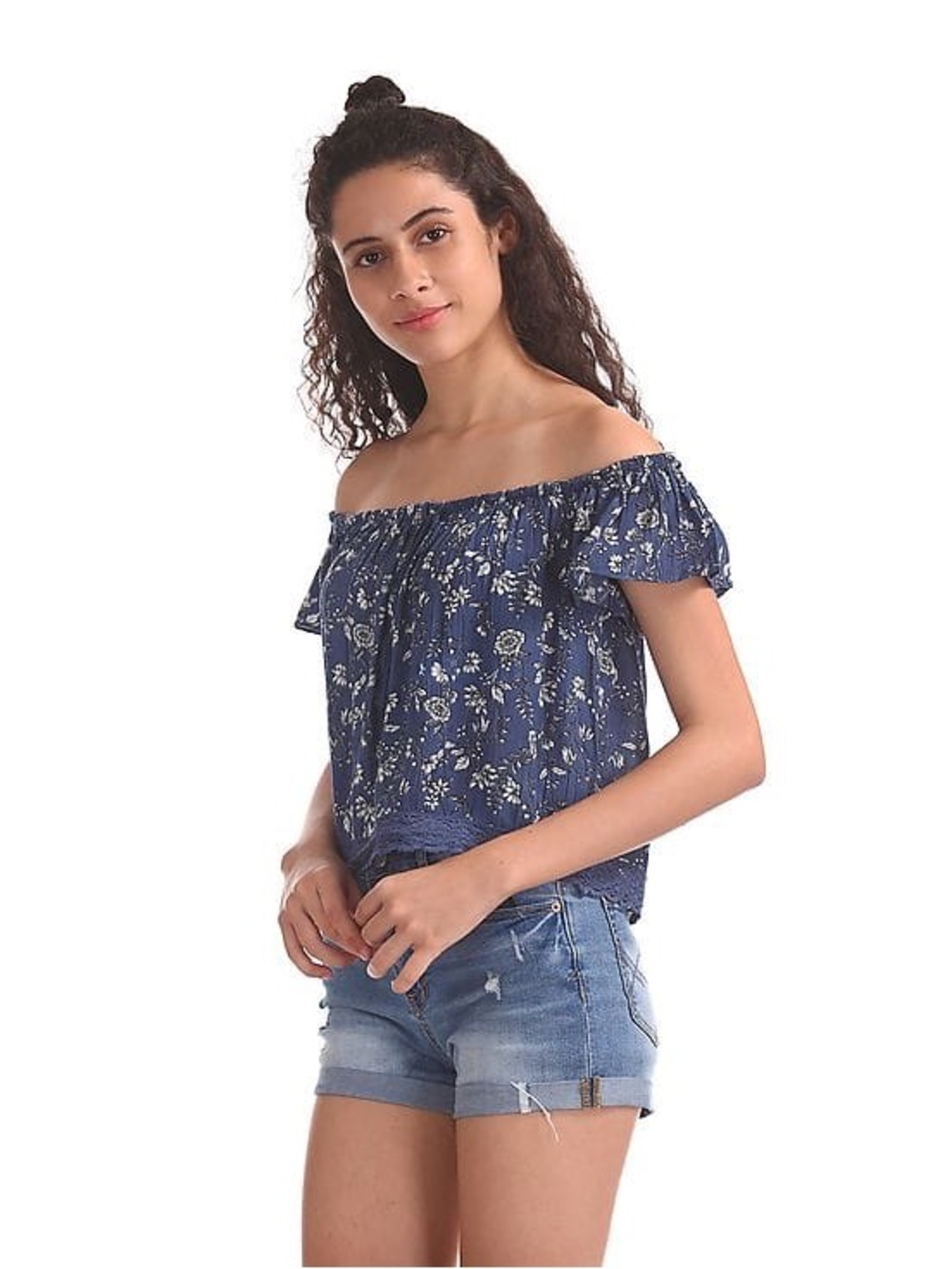 Aeropostale Navy Floral Off-Shoulder Ruffle Top